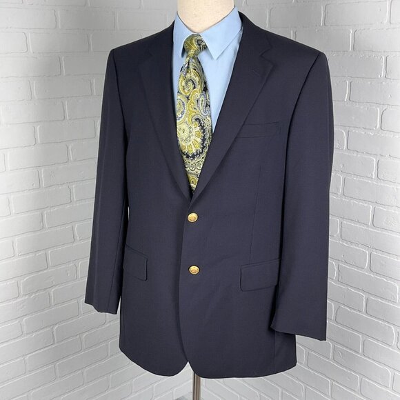 Jos A Bank Blazer Men 41R Blue‎ Gold Shield Button Executive Classic Wool Jacket - Picture 2 of 15